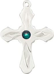 [6036SS5-STN5] Sterling Silver Cross Medal with a 3mm Emerald Swarovski stone