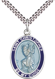 [7022BBSS/24S] Sterling Silver Saint Christopher Pendant on a 24 inch Light Rhodium Heavy Curb chain