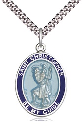 [7022BBSS/24S] Sterling Silver Saint Christopher Pendant on a 24 inch Light Rhodium Heavy Curb chain