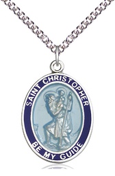 [7022BBSS/24SS] Sterling Silver Saint Christopher Pendant on a 24 inch Sterling Silver Heavy Curb chain