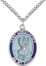 [7022BBSS/24SS] Sterling Silver Saint Christopher Pendant on a 24 inch Sterling Silver Heavy Curb chain