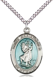 [7022ESS/24SS] Sterling Silver Saint Christopher w/Epoxy Pendant on a 24 inch Sterling Silver Heavy Curb chain