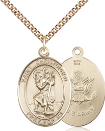 [7022GF2/24GF] 14kt Gold Filled Saint Christopher Army Pendant on a 24 inch Gold Filled Heavy Curb chain