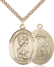 [7022GF5/24GF] 14kt Gold Filled Saint Christopher National Guard Pendant on a 24 inch Gold Filled Heavy Curb chain