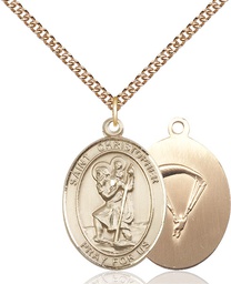 [7022GF7/24GF] 14kt Gold Filled Saint Christopher Paratrooper Pendant on a 24 inch Gold Filled Heavy Curb chain