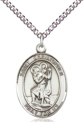 [7022SS/24SS] Sterling Silver Saint Christopher Pendant on a 24 inch Sterling Silver Heavy Curb chain