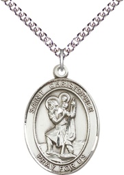 [7022SS/24SS] Sterling Silver Saint Christopher Pendant on a 24 inch Sterling Silver Heavy Curb chain