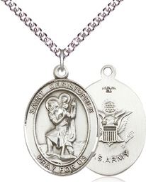 [7022SS2/24SS] Sterling Silver Saint Christopher Army Pendant on a 24 inch Sterling Silver Heavy Curb chain