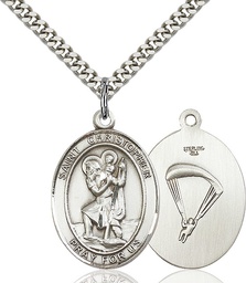 [7022SS7/24S] Sterling Silver Saint Christopher Paratrooper Pendant on a 24 inch Light Rhodium Heavy Curb chain