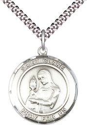 [7028RDSS/24S] Sterling Silver Saint Clare of Assisi Pendant on a 24 inch Light Rhodium Heavy Curb chain