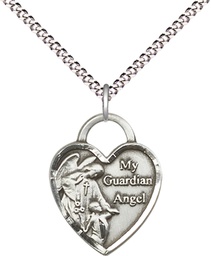 [3202SS/18S] Sterling Silver Guardian Angel Heart Pendant on a 18 inch Light Rhodium Light Curb chain