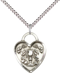 [3204SS/18S] Sterling Silver Communion Heart Pendant on a 18 inch Light Rhodium Light Curb chain