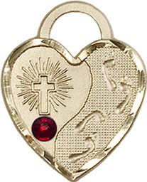 [3207GF-STN1] 14kt Gold Filled Footprints Heart Medal with a 3mm Garnet Swarovski stone