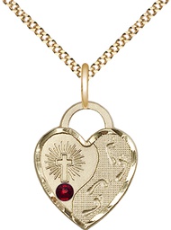 [3207GF-STN1/18G] 14kt Gold Filled Footprints Heart Pendant with a 3mm Garnet Swarovski stone on a 18 inch Gold Plate Light Curb chain