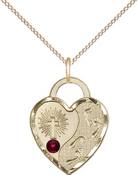 [3207GF-STN1/18GF] 14kt Gold Filled Footprints Heart Pendant with a 3mm Garnet Swarovski stone on a 18 inch Gold Filled Light Curb chain