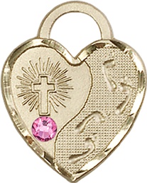 [3207GF-STN10] 14kt Gold Filled Footprints Heart Medal with a 3mm Rose Swarovski stone