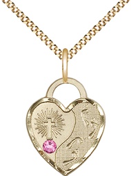 [3207GF-STN10/18G] 14kt Gold Filled Footprints Heart Pendant with a 3mm Rose Swarovski stone on a 18 inch Gold Plate Light Curb chain