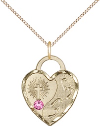 [3207GF-STN10/18GF] 14kt Gold Filled Footprints Heart Pendant with a 3mm Rose Swarovski stone on a 18 inch Gold Filled Light Curb chain