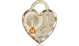 [3207GF-STN11] 14kt Gold Filled Footprints Heart Medal with a 3mm Topaz Swarovski stone