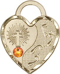 [3207GF-STN11] 14kt Gold Filled Footprints Heart Medal with a 3mm Topaz Swarovski stone