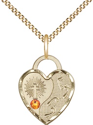 [3207GF-STN11/18G] 14kt Gold Filled Footprints Heart Pendant with a 3mm Topaz Swarovski stone on a 18 inch Gold Plate Light Curb chain