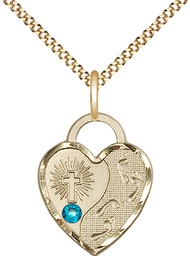 [3207GF-STN12/18G] 14kt Gold Filled Footprints Heart Pendant with a 3mm Zircon Swarovski stone on a 18 inch Gold Plate Light Curb chain