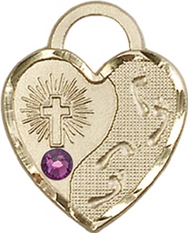 [3207GF-STN2] 14kt Gold Filled Footprints Heart Medal with a 3mm Amethyst Swarovski stone