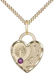 [3207GF-STN2/18G] 14kt Gold Filled Footprints Heart Pendant with a 3mm Amethyst Swarovski stone on a 18 inch Gold Plate Light Curb chain