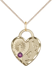 [3207GF-STN2/18GF] 14kt Gold Filled Footprints Heart Pendant with a 3mm Amethyst Swarovski stone on a 18 inch Gold Filled Light Curb chain