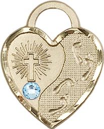 [3207GF-STN3] 14kt Gold Filled Footprints Heart Medal with a 3mm Aqua Swarovski stone