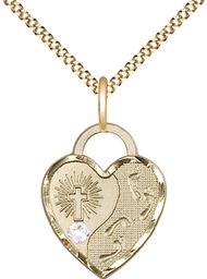 [3207GF-STN4/18G] 14kt Gold Filled Footprints Heart Pendant with a 3mm Crystal Swarovski stone on a 18 inch Gold Plate Light Curb chain