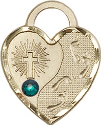 [3207GF-STN5] 14kt Gold Filled Footprints Heart Medal with a 3mm Emerald Swarovski stone