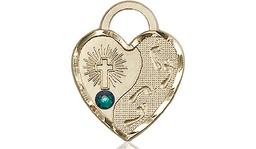 [3207GF-STN5] 14kt Gold Filled Footprints Heart Medal with a 3mm Emerald Swarovski stone