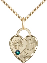 [3207GF-STN5/18G] 14kt Gold Filled Footprints Heart Pendant with a 3mm Emerald Swarovski stone on a 18 inch Gold Plate Light Curb chain
