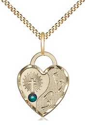 [3207GF-STN5/18G] 14kt Gold Filled Footprints Heart Pendant with a 3mm Emerald Swarovski stone on a 18 inch Gold Plate Light Curb chain
