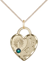 [3207GF-STN5/18GF] 14kt Gold Filled Footprints Heart Pendant with a 3mm Emerald Swarovski stone on a 18 inch Gold Filled Light Curb chain