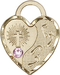 [3207GF-STN6] 14kt Gold Filled Footprints Heart Medal with a 3mm Light Amethyst Swarovski stone