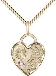 [3207GF-STN6/18G] 14kt Gold Filled Footprints Heart Pendant with a 3mm Light Amethyst Swarovski stone on a 18 inch Gold Plate Light Curb chain