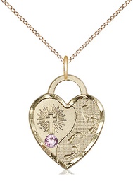 [3207GF-STN6/18GF] 14kt Gold Filled Footprints Heart Pendant with a 3mm Light Amethyst Swarovski stone on a 18 inch Gold Filled Light Curb chain