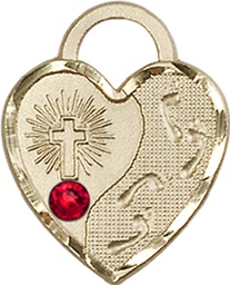 [3207GF-STN7] 14kt Gold Filled Footprints Heart Medal with a 3mm Ruby Swarovski stone