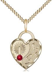 [3207GF-STN7/18G] 14kt Gold Filled Footprints Heart Pendant with a 3mm Ruby Swarovski stone on a 18 inch Gold Plate Light Curb chain