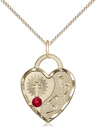 [3207GF-STN7/18GF] 14kt Gold Filled Footprints Heart Pendant with a 3mm Ruby Swarovski stone on a 18 inch Gold Filled Light Curb chain