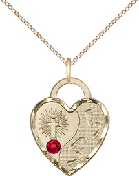 [3207GF-STN7/18GF] 14kt Gold Filled Footprints Heart Pendant with a 3mm Ruby Swarovski stone on a 18 inch Gold Filled Light Curb chain