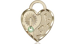 [3207GF-STN8] 14kt Gold Filled Footprints Heart Medal with a 3mm Peridot Swarovski stone