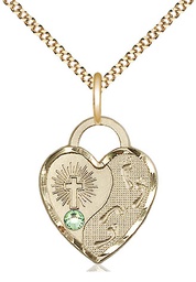 [3207GF-STN8/18G] 14kt Gold Filled Footprints Heart Pendant with a 3mm Peridot Swarovski stone on a 18 inch Gold Plate Light Curb chain