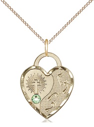 [3207GF-STN8/18GF] 14kt Gold Filled Footprints Heart Pendant with a 3mm Peridot Swarovski stone on a 18 inch Gold Filled Light Curb chain