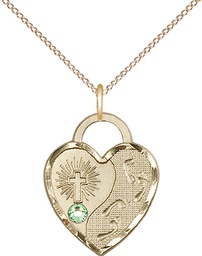 [3207GF-STN8/18GF] 14kt Gold Filled Footprints Heart Pendant with a 3mm Peridot Swarovski stone on a 18 inch Gold Filled Light Curb chain