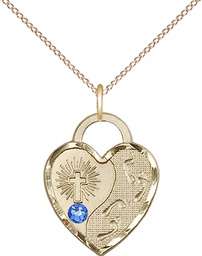 [3207GF-STN9/18GF] 14kt Gold Filled Footprints Heart Pendant with a 3mm Sapphire Swarovski stone on a 18 inch Gold Filled Light Curb chain