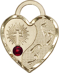 [3207KT-STN1] 14kt Gold Footprints Heart Medal with a 3mm Garnet Swarovski stone
