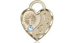 [3207KT-STN3] 14kt Gold Footprints Heart Medal with a 3mm Aqua Swarovski stone